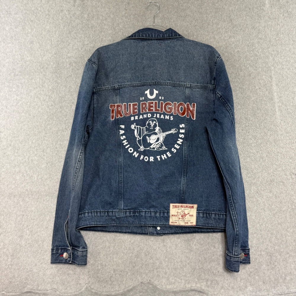 True Religion Denim Jacket Mens L Blue Red Stitching Buddha Graphic NEW NWT TAGS